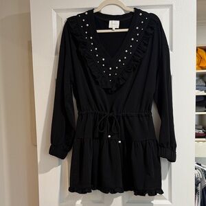 Black V-Neck Dress with Pearl Accents